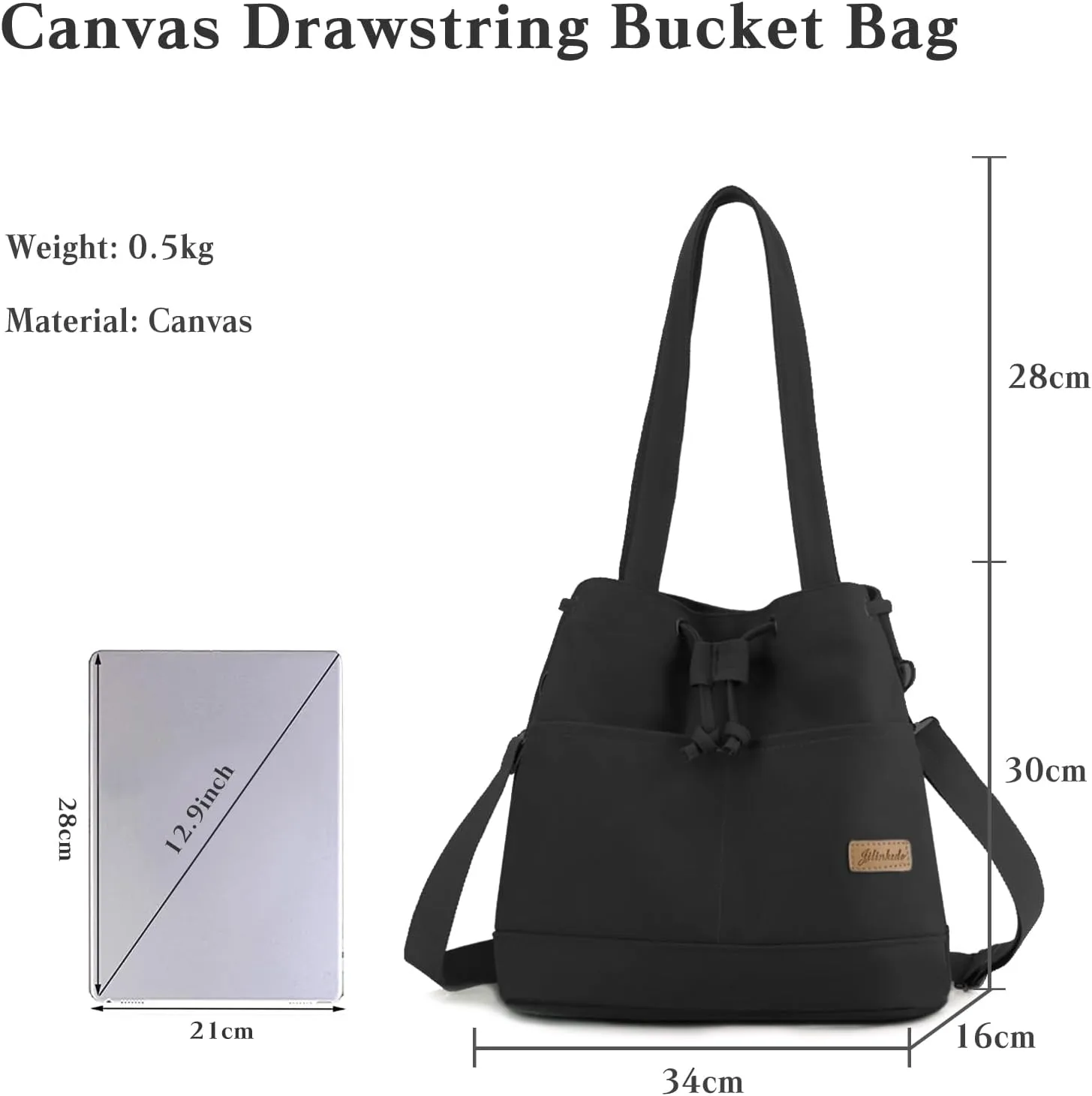 Women's Drawstring Canvas Tote Handbag - Large Shoulder & Crossbody Bag with Top Handle