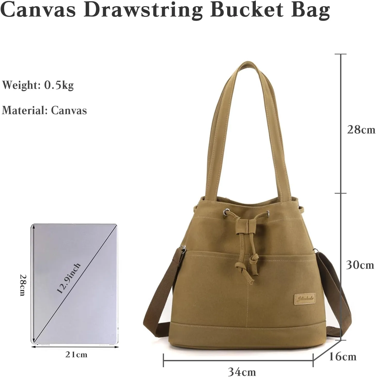 Women's Drawstring Canvas Tote Handbag - Large Shoulder & Crossbody Bag with Top Handle