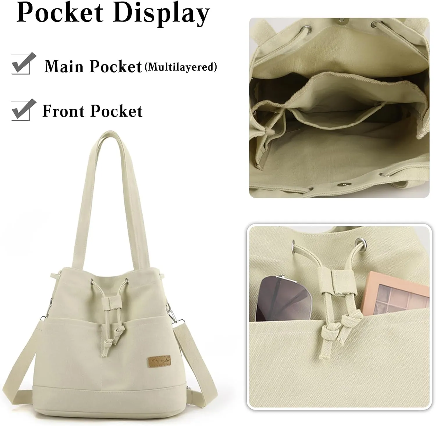 Women's Drawstring Canvas Tote Handbag - Large Shoulder & Crossbody Bag with Top Handle