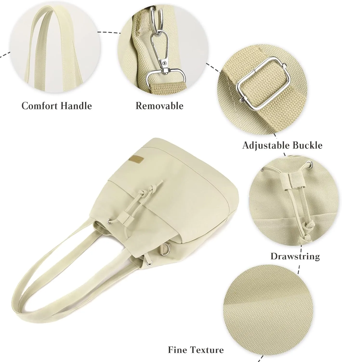 Women's Drawstring Canvas Tote Handbag - Large Shoulder & Crossbody Bag with Top Handle