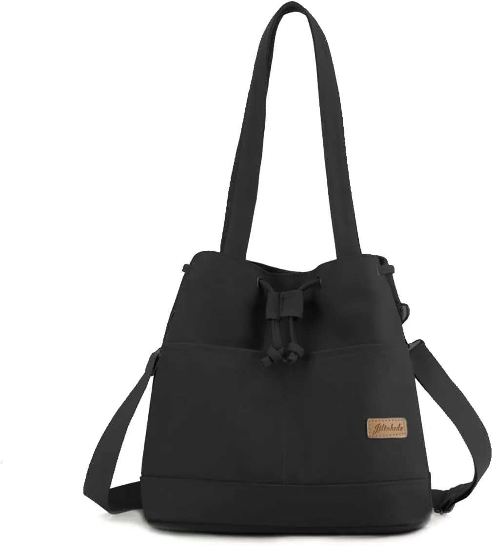 Women's Drawstring Canvas Tote Handbag - Large Shoulder & Crossbody Bag with Top Handle