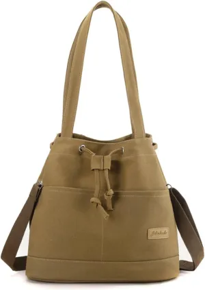 Women's Drawstring Canvas Tote Handbag - Large Shoulder & Crossbody Bag with Top Handle