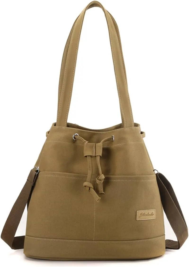 Women's Drawstring Canvas Tote Handbag - Large Shoulder & Crossbody Bag with Top Handle