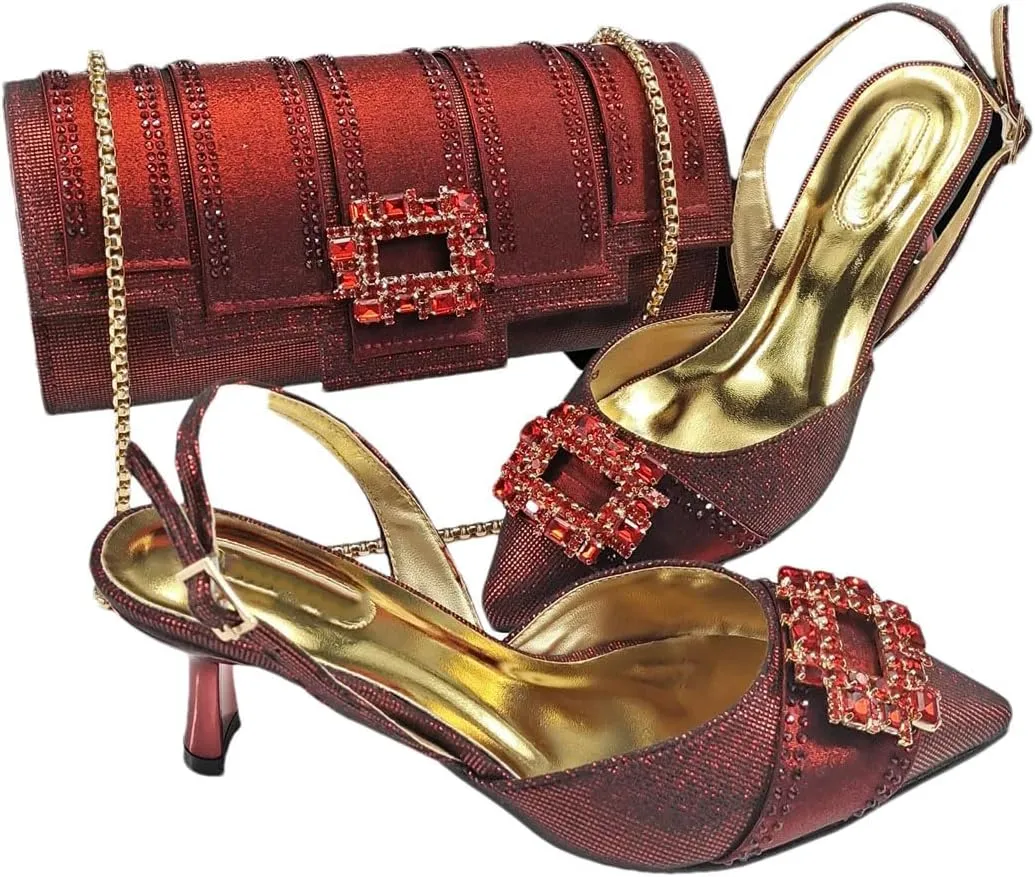 Women’S Elegant Party Wedding Shoes and Bag Set Pointed Toe Thin Heels Ankle Strap Pumps with Chain Bag