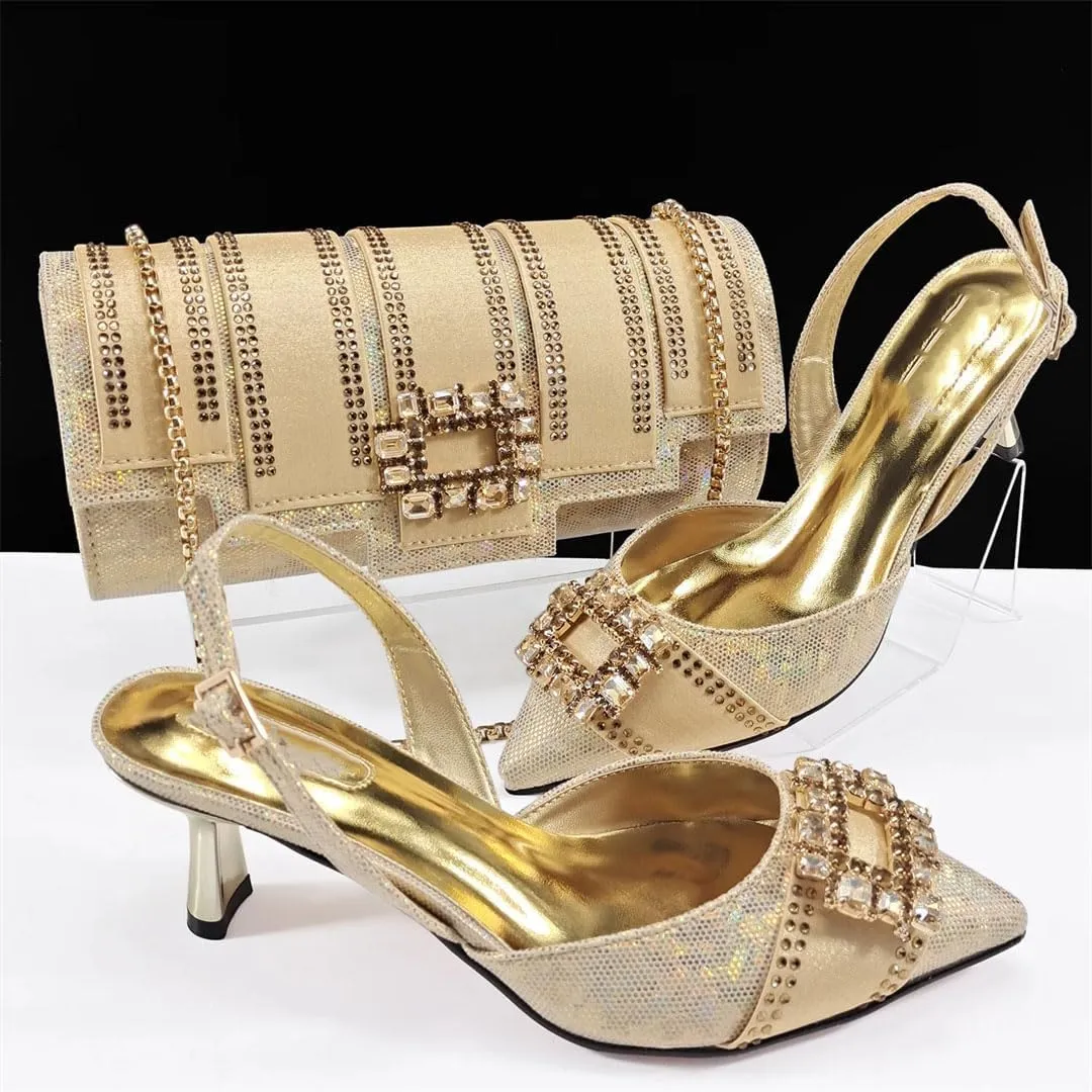 Women’S Elegant Party Wedding Shoes and Bag Set Pointed Toe Thin Heels Ankle Strap Pumps with Chain Bag