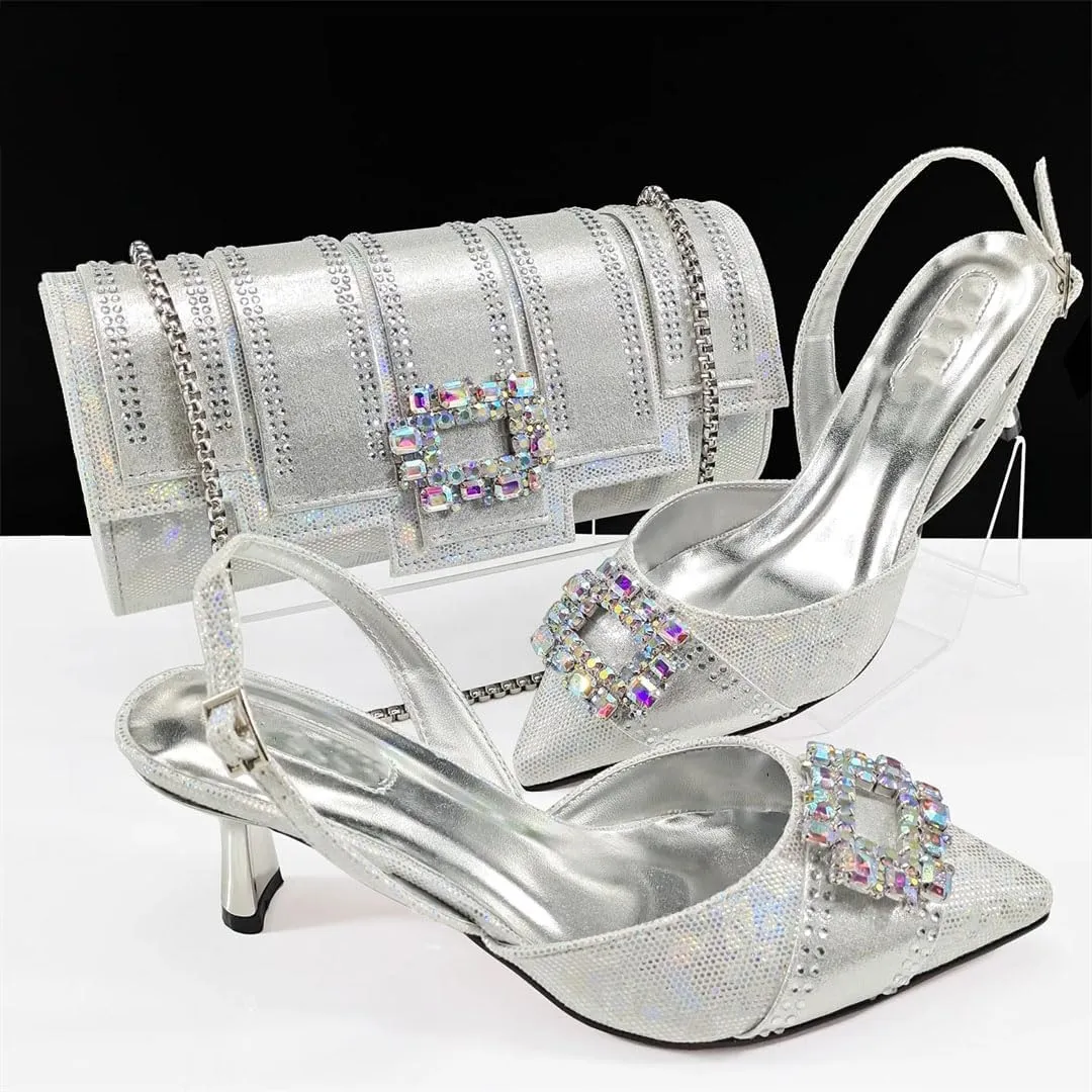 Women’S Elegant Party Wedding Shoes and Bag Set Pointed Toe Thin Heels Ankle Strap Pumps with Chain Bag