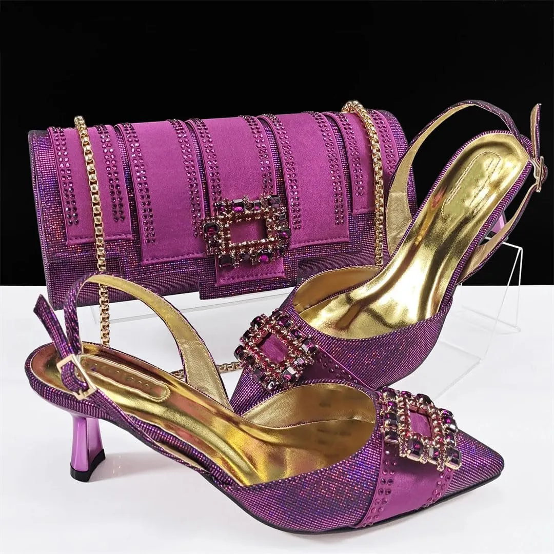 Women’S Elegant Party Wedding Shoes and Bag Set Pointed Toe Thin Heels Ankle Strap Pumps with Chain Bag
