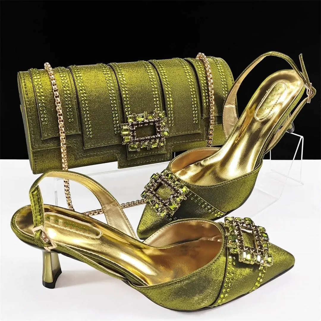 Women’S Elegant Party Wedding Shoes and Bag Set Pointed Toe Thin Heels Ankle Strap Pumps with Chain Bag