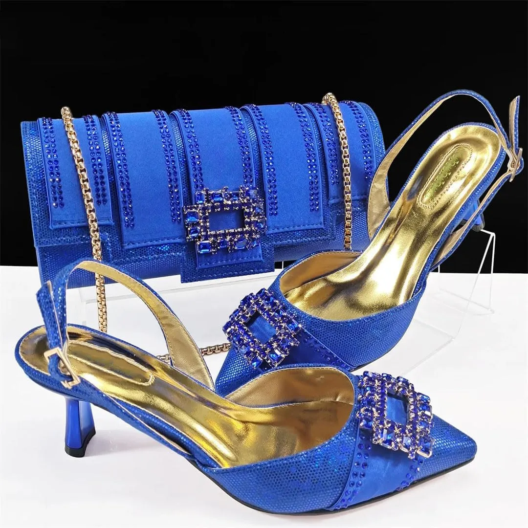 Women’S Elegant Party Wedding Shoes and Bag Set Pointed Toe Thin Heels Ankle Strap Pumps with Chain Bag
