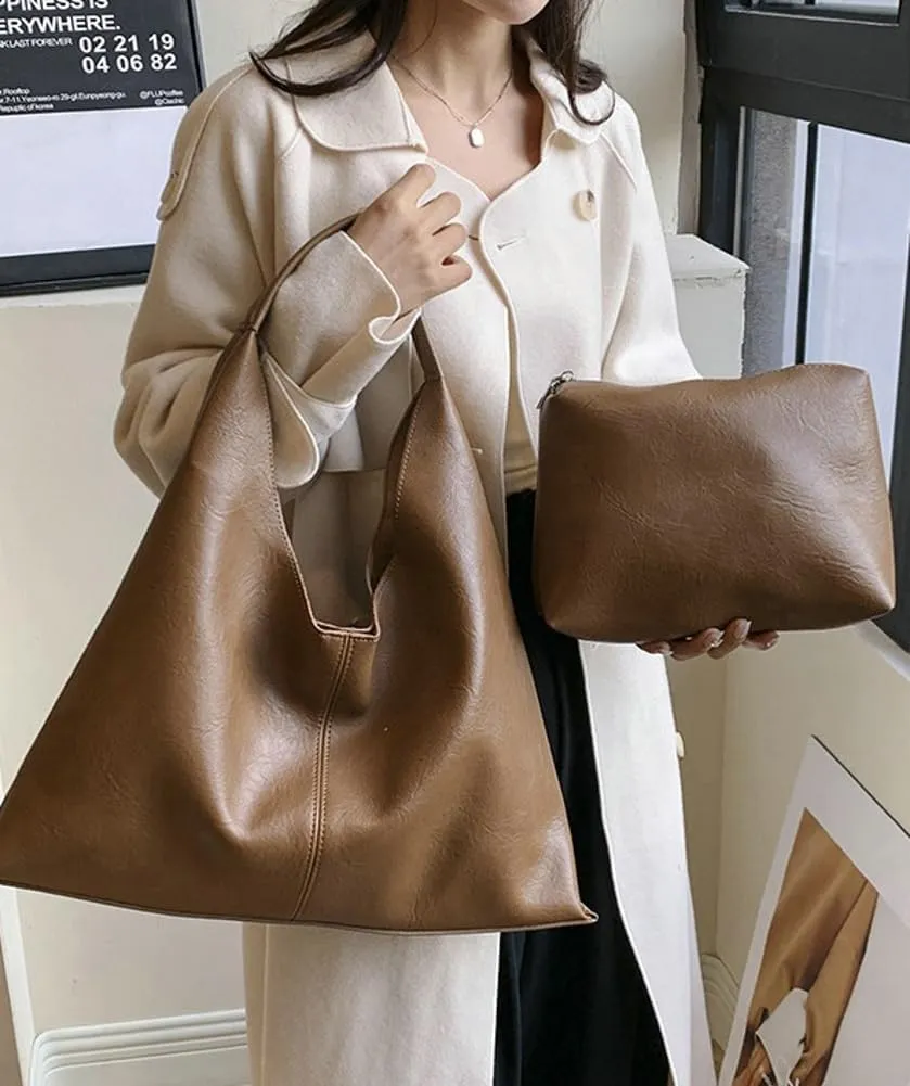 Womens Fashion Shoulder Bag Large PU Leather Tote Bag Soft Purse Handbag Work Top Handle Satchels 2pcs