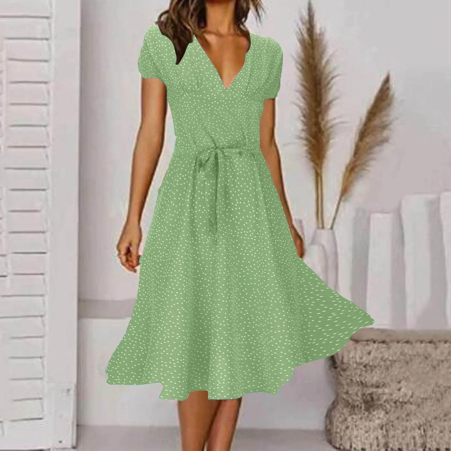 Women's Floral Wrap V-Neck Midi Dress Short Sleeve Boho Summer Beach Long Dress High Low Hem Smocked Dress Women