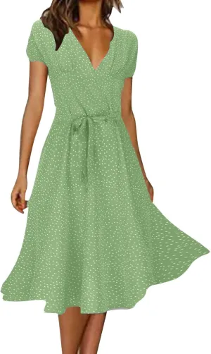 Women's Floral Wrap V-Neck Midi Dress Short Sleeve Boho Summer Beach Long Dress High Low Hem Smocked Dress Women
