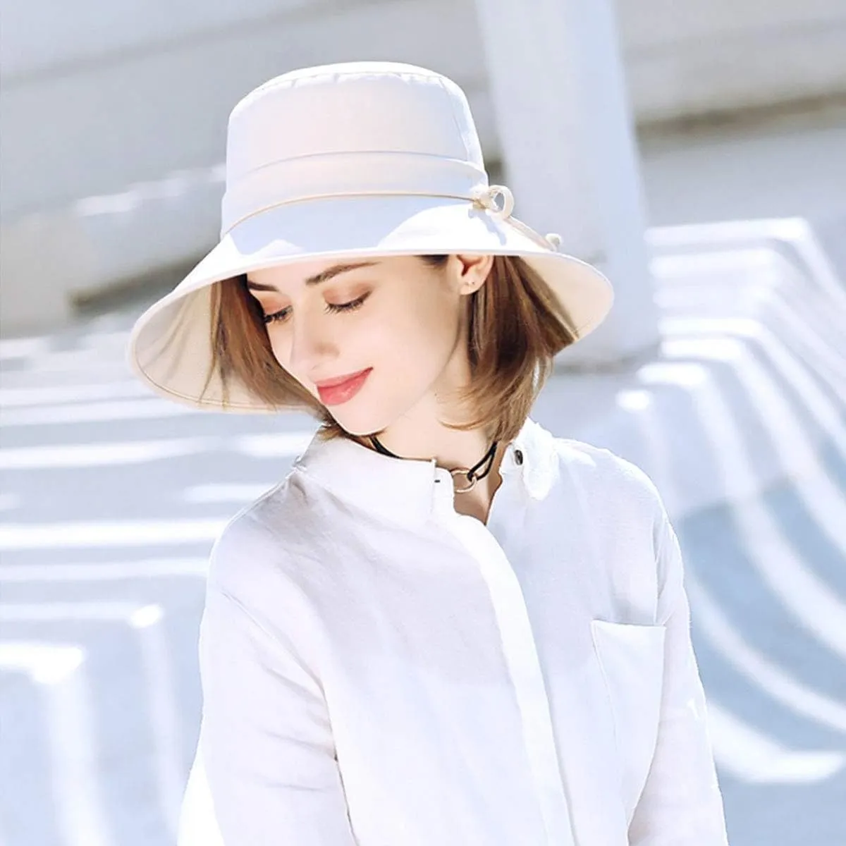 Womens Foldable Shapeable Brim Sun Hat UPF 50  Cotton Wide Brim Beach Adjustable Chin Strap Hat Sun Protection Cap