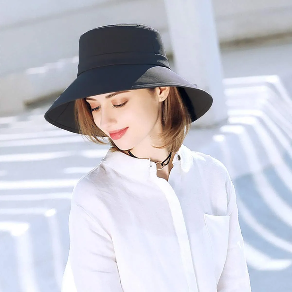 Womens Foldable Shapeable Brim Sun Hat UPF 50  Cotton Wide Brim Beach Adjustable Chin Strap Hat Sun Protection Cap