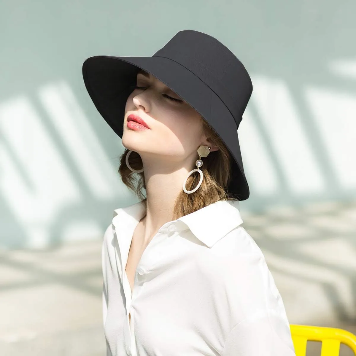 Womens Foldable Shapeable Brim Sun Hat UPF 50  Cotton Wide Brim Beach Adjustable Chin Strap Hat Sun Protection Cap