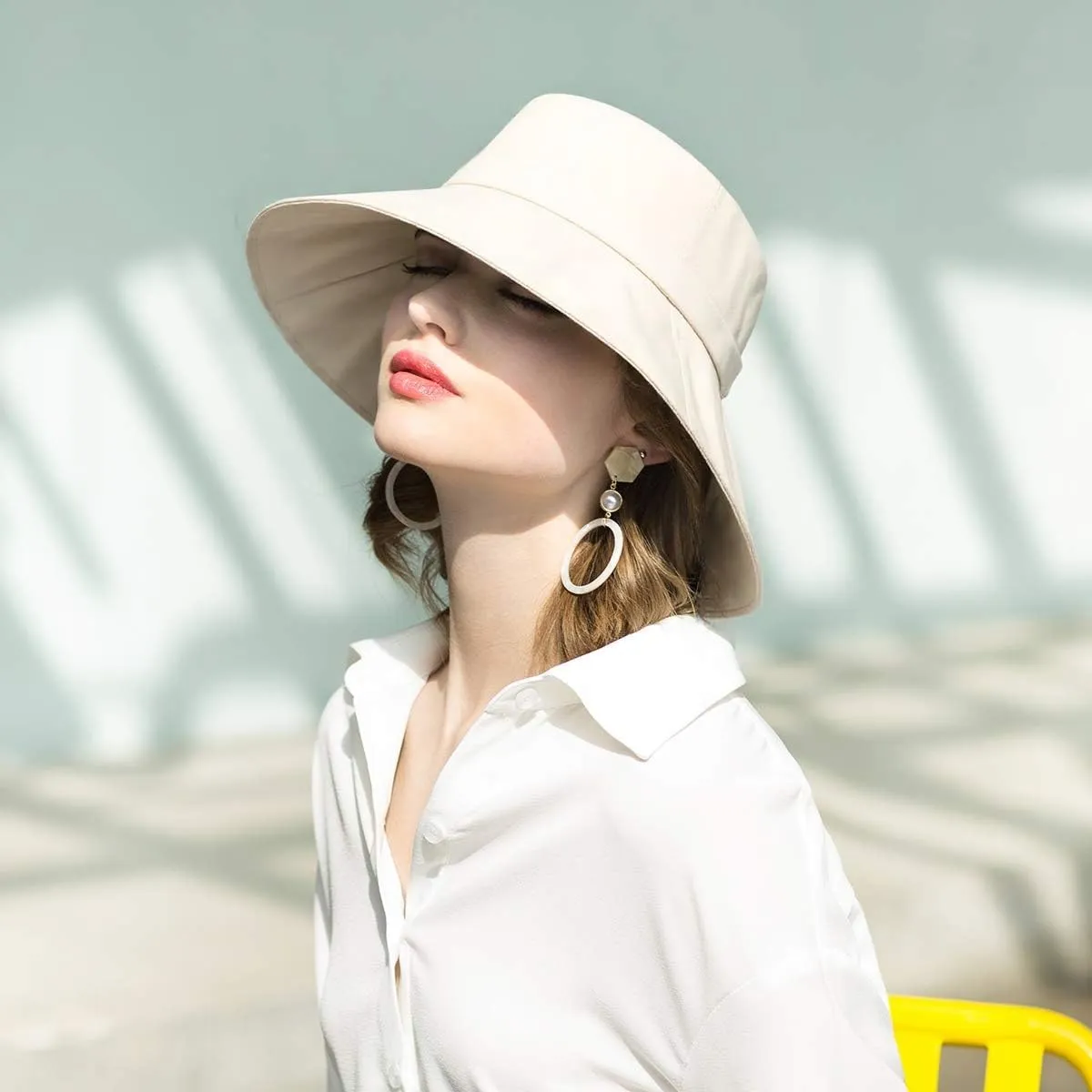 Womens Foldable Shapeable Brim Sun Hat UPF 50  Cotton Wide Brim Beach Adjustable Chin Strap Hat Sun Protection Cap
