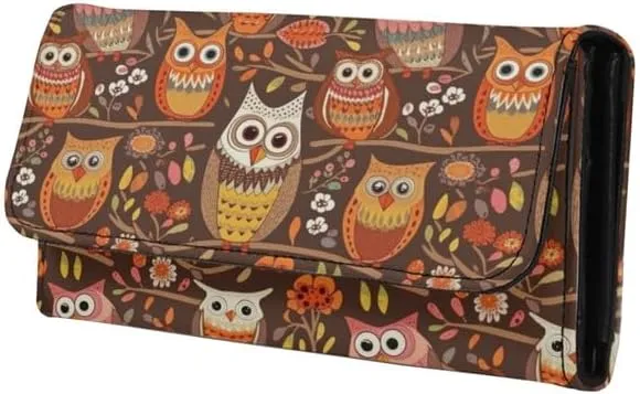 Womens Fun Owls Wallets Leather Clutch, Brown Credit Card Holder with Coin Purse ID Window, Owl Birds On Branch Long Wallet for Women