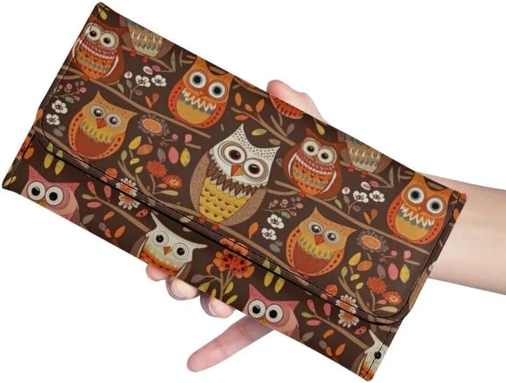 Womens Fun Owls Wallets Leather Clutch, Brown Credit Card Holder with Coin Purse ID Window, Owl Birds On Branch Long Wallet for Women