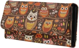 Womens Fun Owls Wallets Leather Clutch, Brown Credit Card Holder with Coin Purse ID Window, Owl Birds On Branch Long Wallet for Women