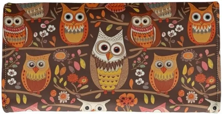 Womens Fun Owls Wallets Leather Clutch, Brown Credit Card Holder with Coin Purse ID Window, Owl Birds On Branch Long Wallet for Women