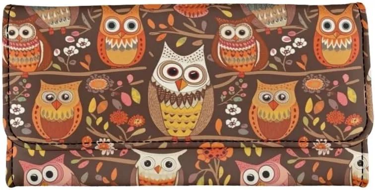 Womens Fun Owls Wallets Leather Clutch, Brown Credit Card Holder with Coin Purse ID Window, Owl Birds On Branch Long Wallet for Women