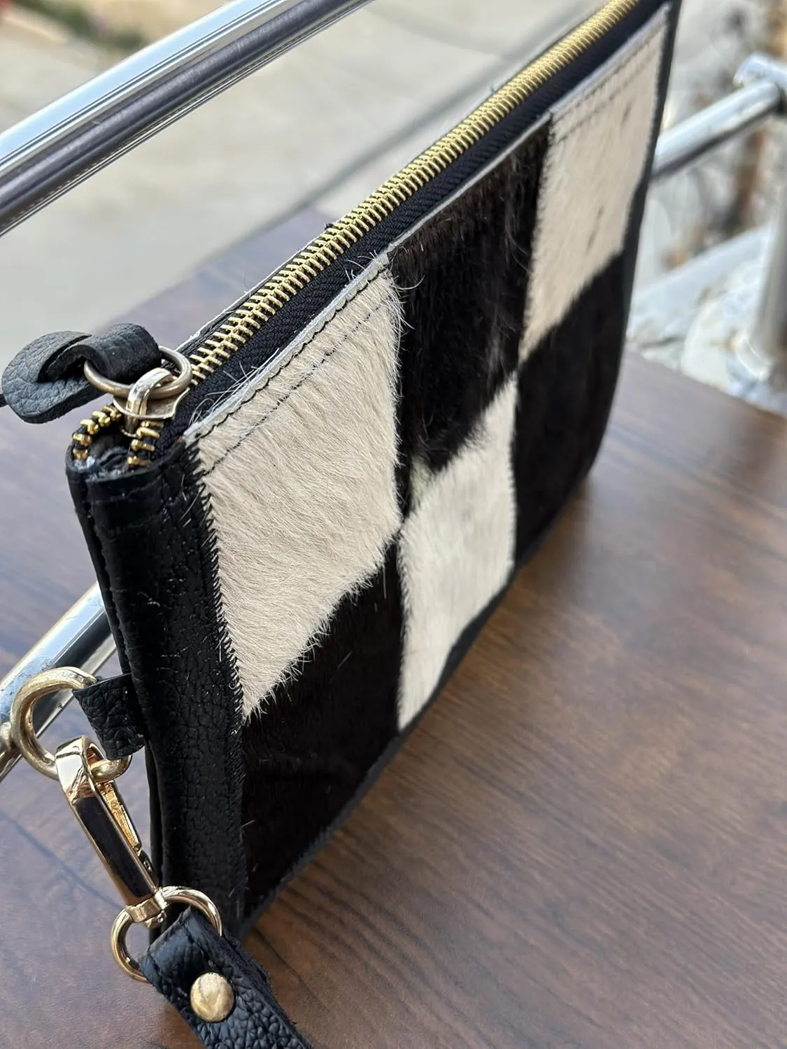 Women's Genuine Italian Hair-On Hide Leather Small Pouch Wristlet Clutch Wallet Purse, Gold Zipper