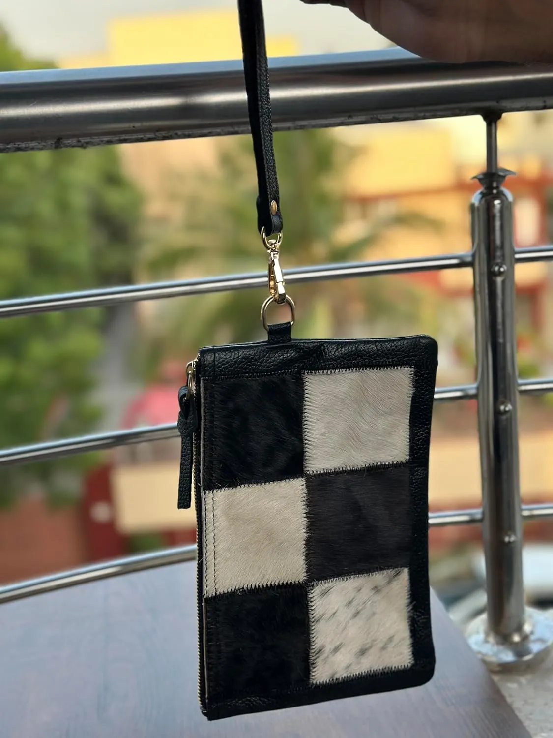 Women's Genuine Italian Hair-On Hide Leather Small Pouch Wristlet Clutch Wallet Purse, Gold Zipper