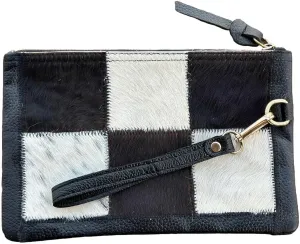 Women's Genuine Italian Hair-On Hide Leather Small Pouch Wristlet Clutch Wallet Purse, Gold Zipper
