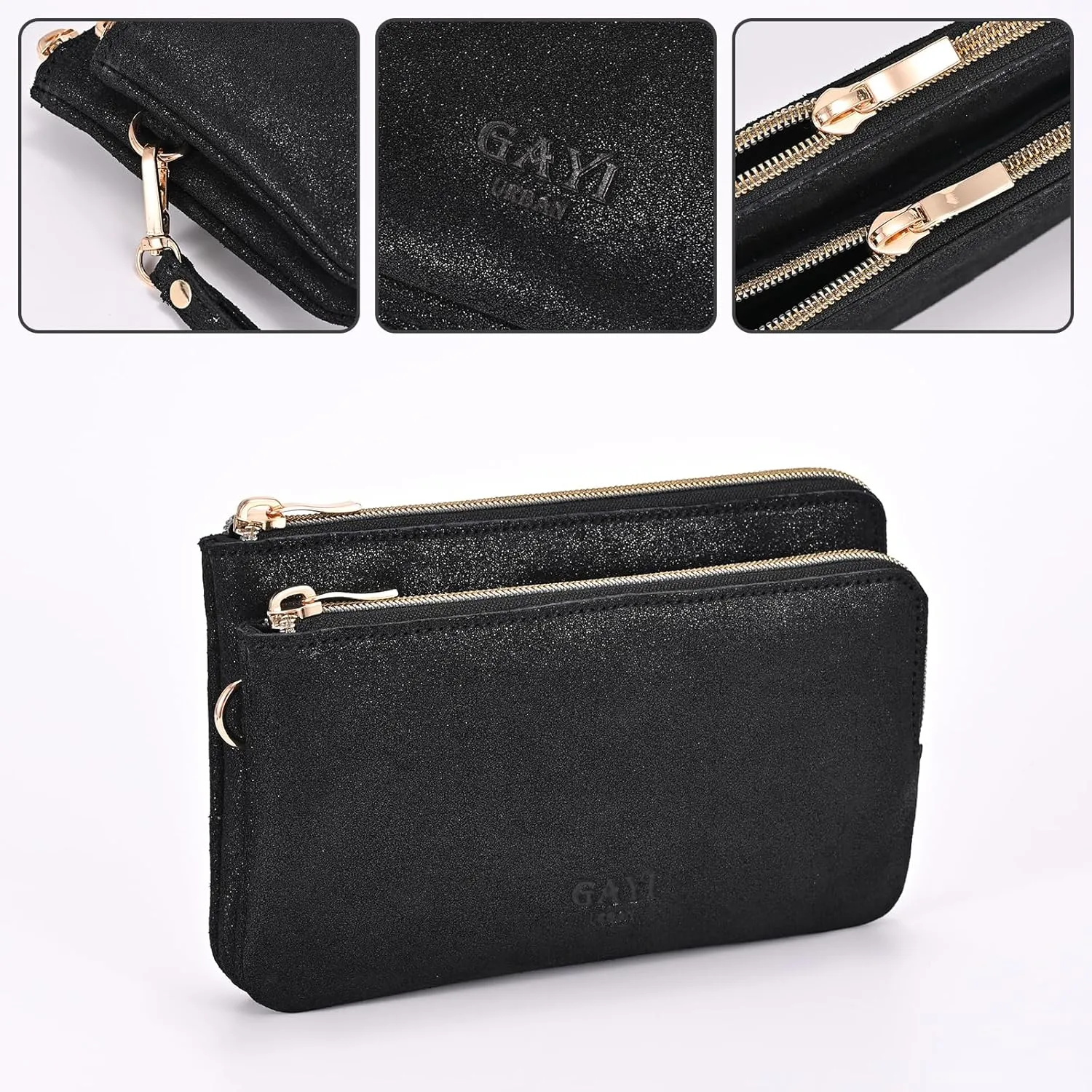Women's Genuine Leather Double Zip Wristlet Clutch Wallet Purse