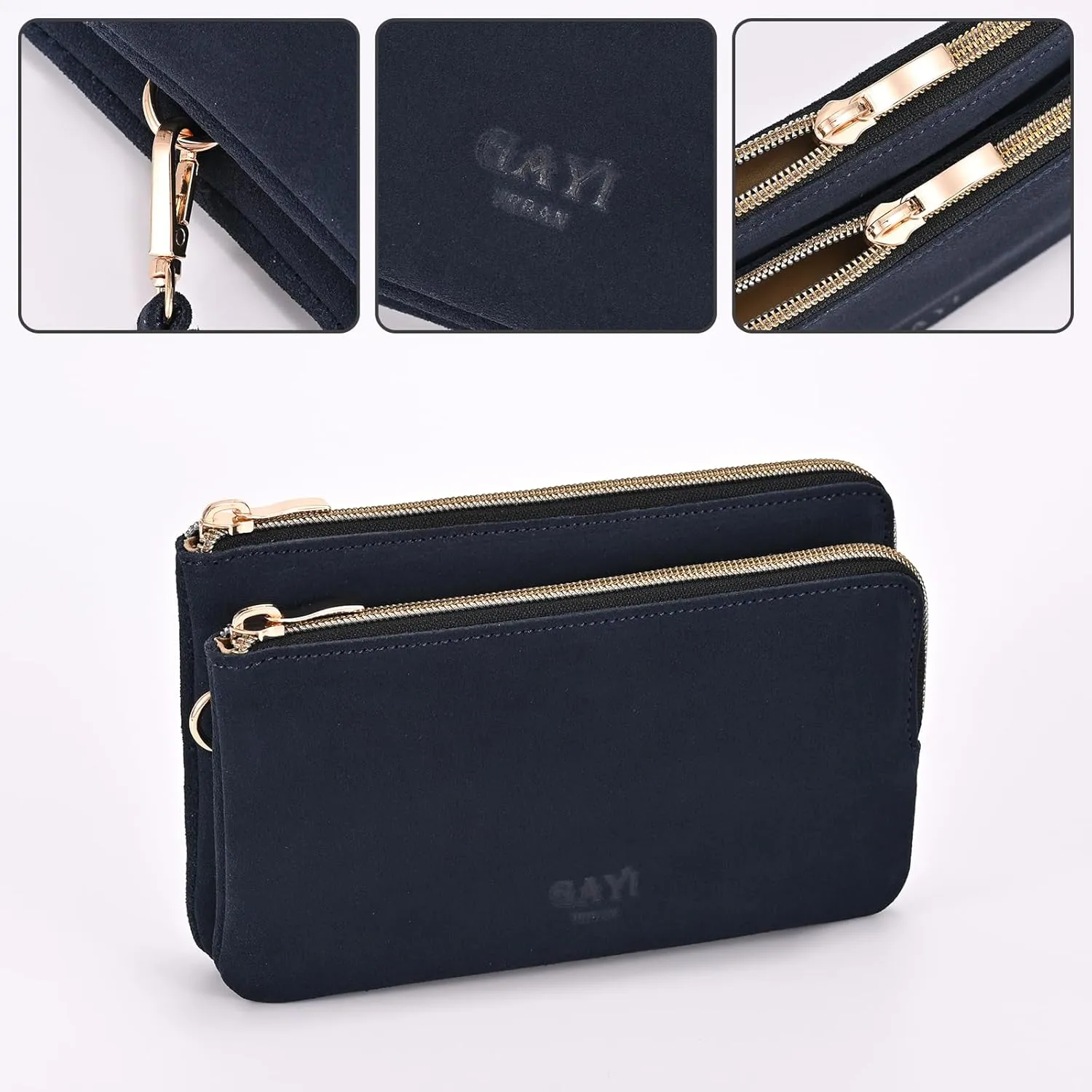 Women's Genuine Leather Double Zip Wristlet Clutch Wallet Purse