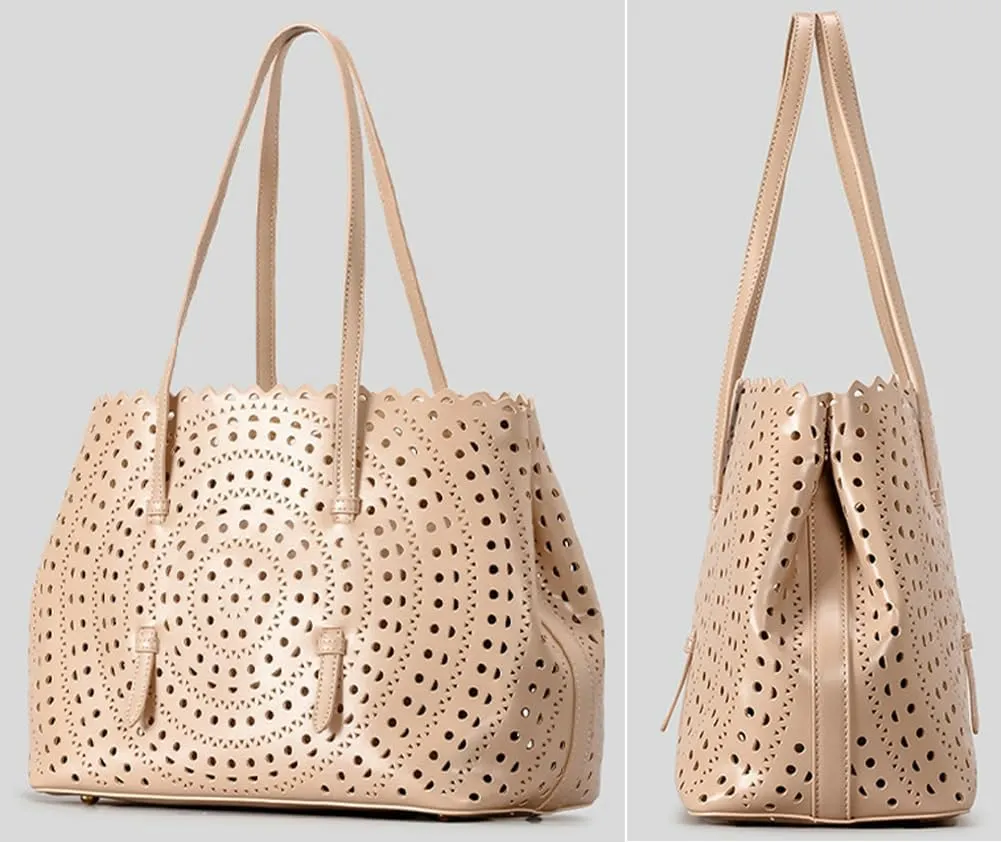 Womens Hollow Vegan Leather Tote Bag Small Summer Beach Bucket Shoulder Purse Top Handle Handbag Crossbody Satchels