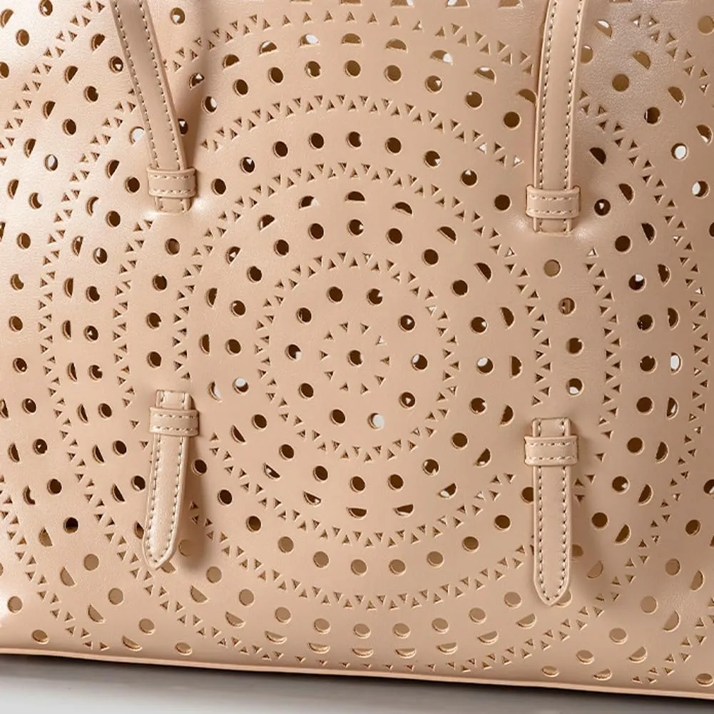 Womens Hollow Vegan Leather Tote Bag Small Summer Beach Bucket Shoulder Purse Top Handle Handbag Crossbody Satchels