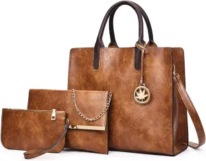 Women’s Large Leather Satchel Handbag Set - Stylish Crossbody Tote & Clutch Purse (Pink)