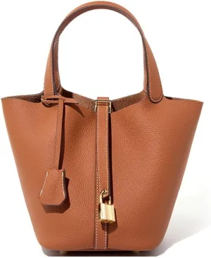 Women's Leather Bucket Bag - Adjustable Crossbody Tote with Metal Lock Closure, Boho Market Tote for Everyday & Travel, Gift Ready Handbag (Golden Brown)