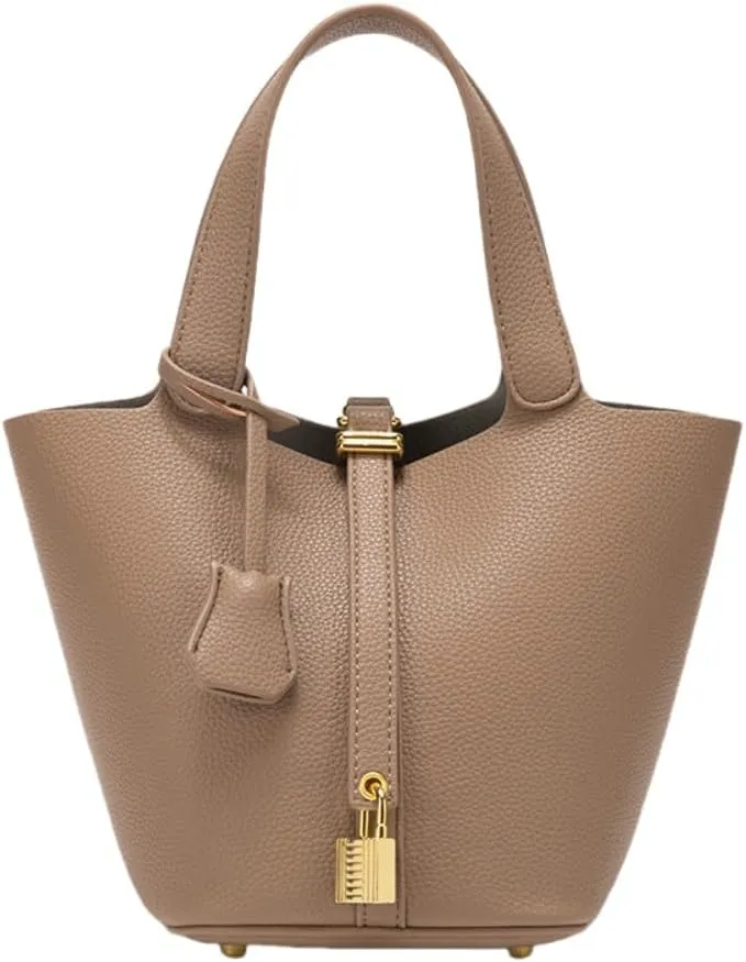 Women's Leather Tote Bag: Fashionable Lock Design Solid Color Bucket Bag Mini Handbag Wallet Handbag