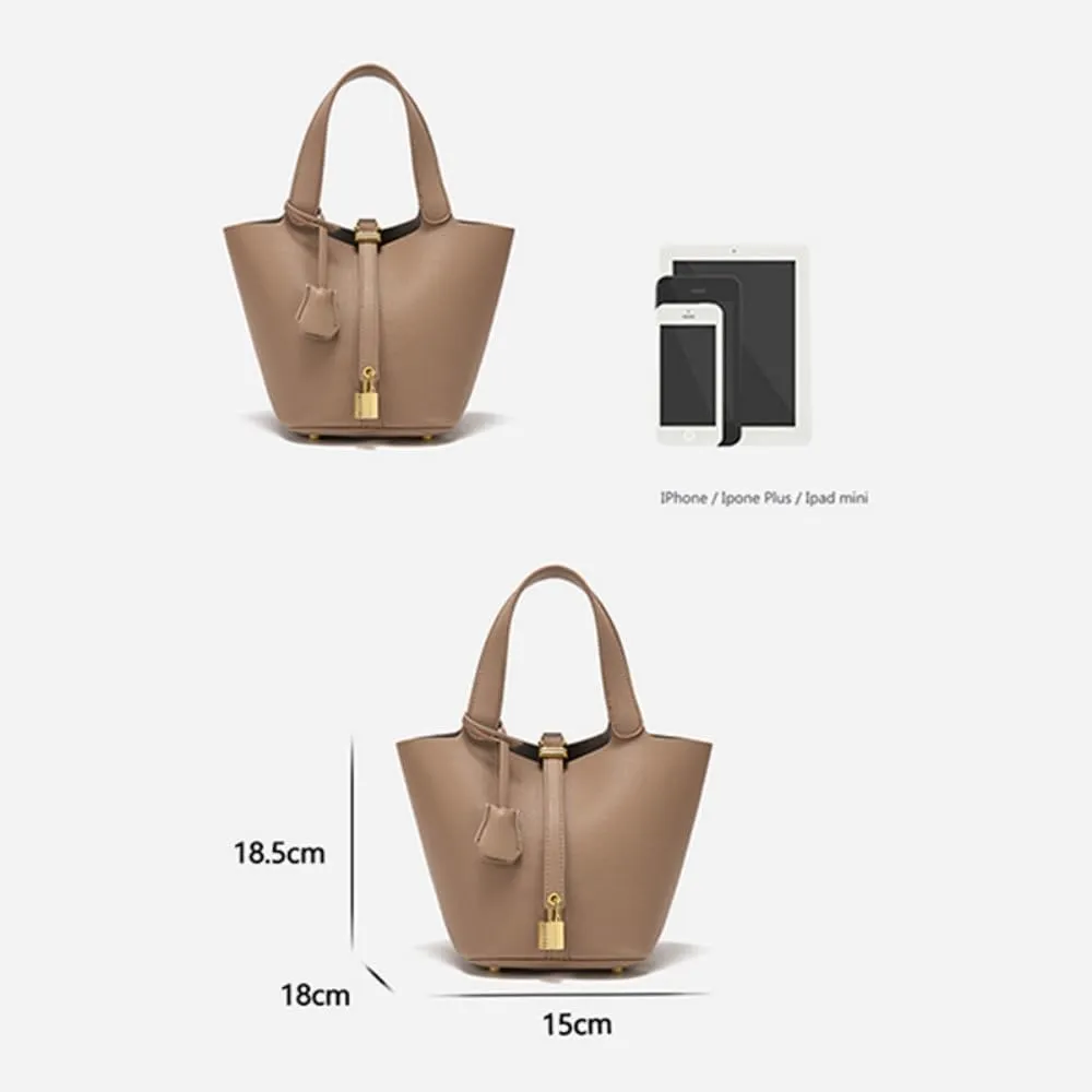 Women's Leather Tote Bag: Fashionable Lock Design Solid Color Bucket Bag Mini Handbag Wallet Handbag