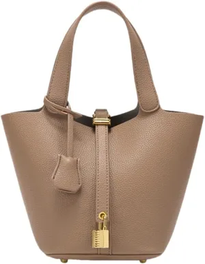 Women's Leather Tote Bag: Fashionable Lock Design Solid Color Bucket Bag Mini Handbag Wallet Handbag