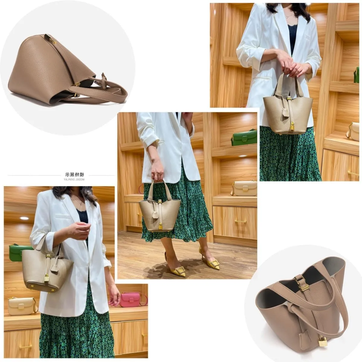 Women's Leather Tote Bag: Fashionable Lock Design Solid Color Bucket Bag Mini Handbag Wallet Handbag
