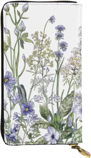 Women's Leather Wallet - Flowering Herbs and Herbaceous Plants Prints Coin Purse Travel Card Holder Zipper Purse Cell Phone Handbag
