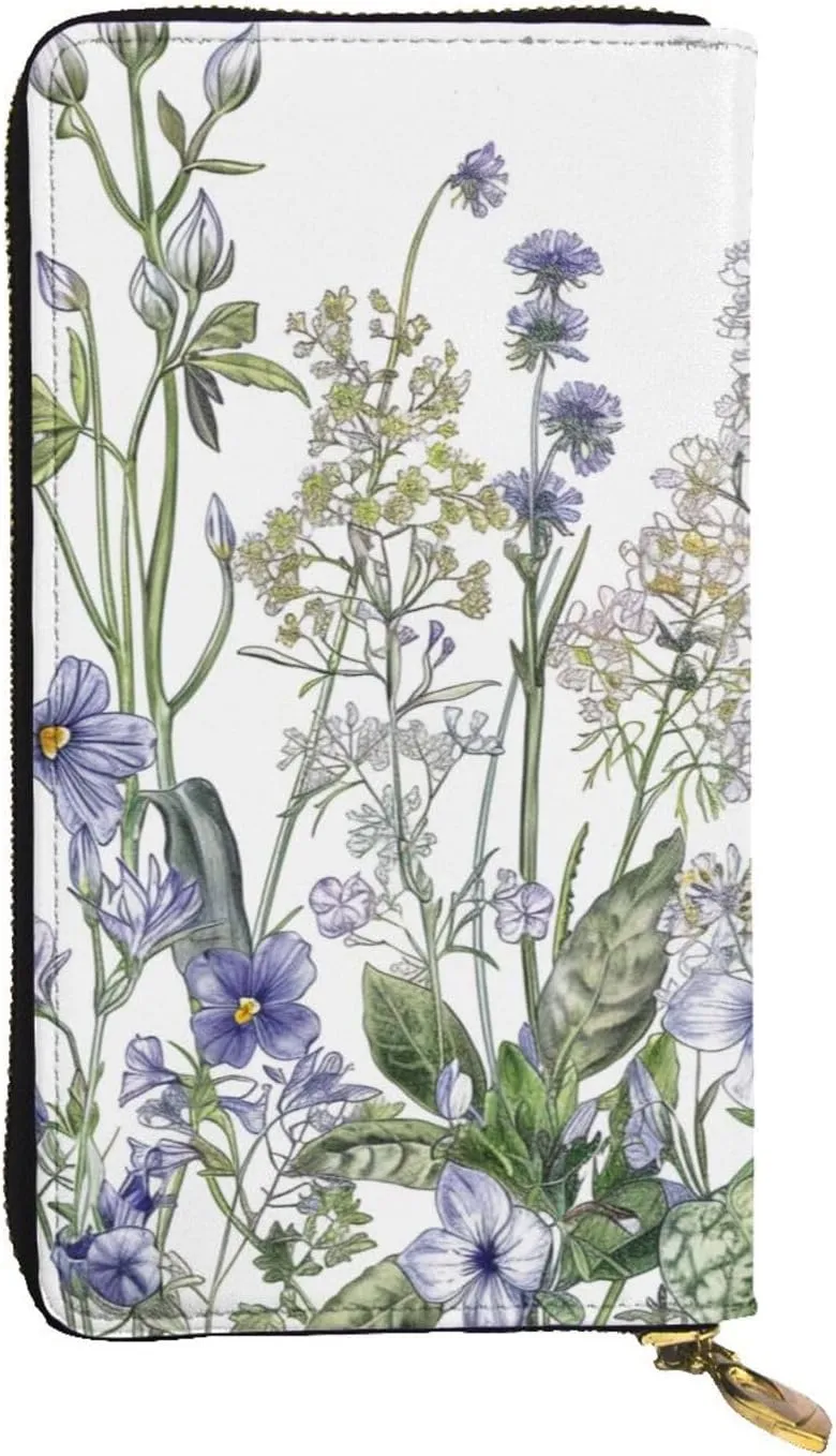 Women's Leather Wallet - Flowering Herbs and Herbaceous Plants Prints Coin Purse Travel Card Holder Zipper Purse Cell Phone Handbag