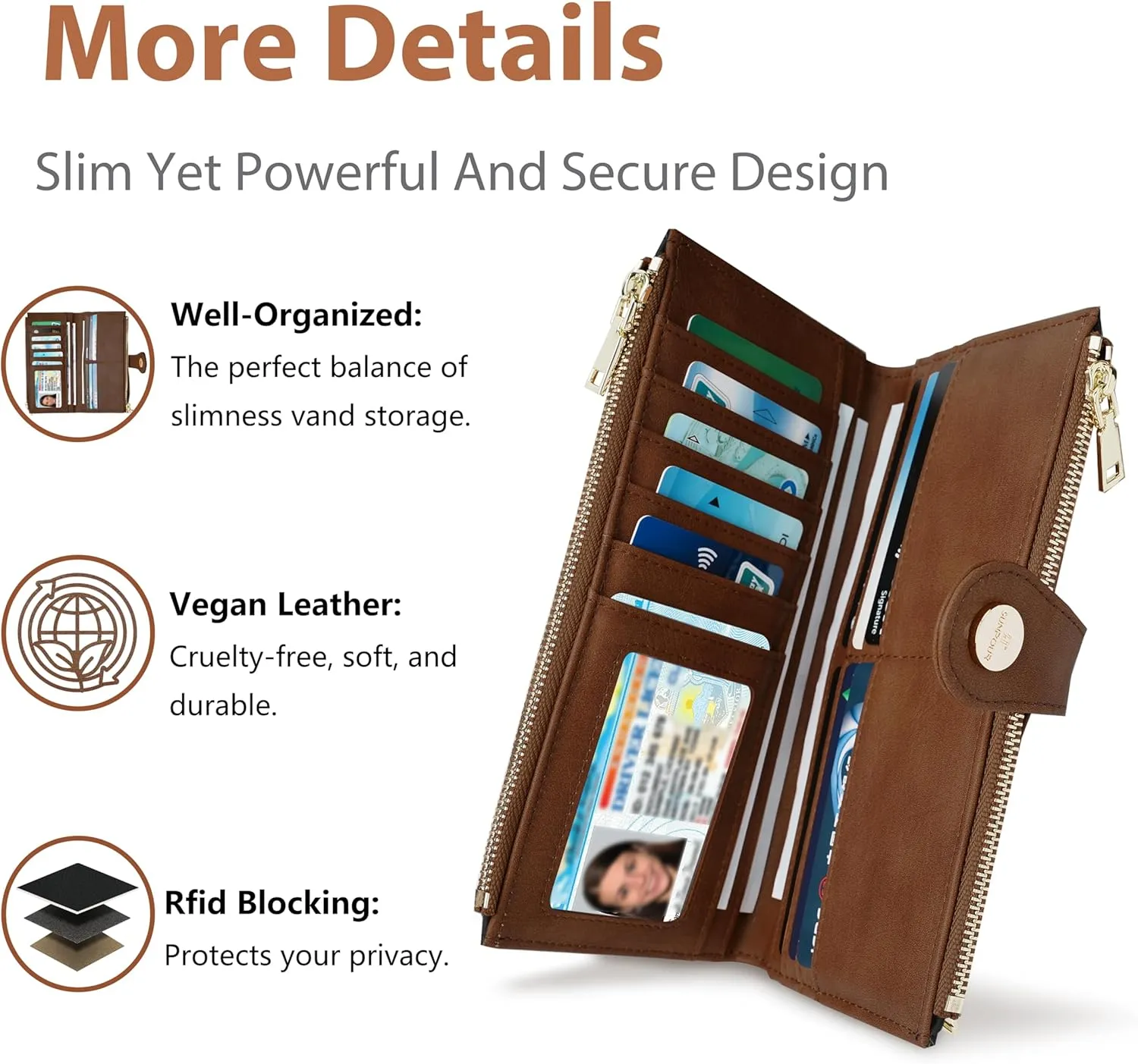 Womens Leather Wallet RFID Blocking Slim Bifold Credit Card Holder Travel Wallet with Double Zipper Pocket(Black＆Brown)