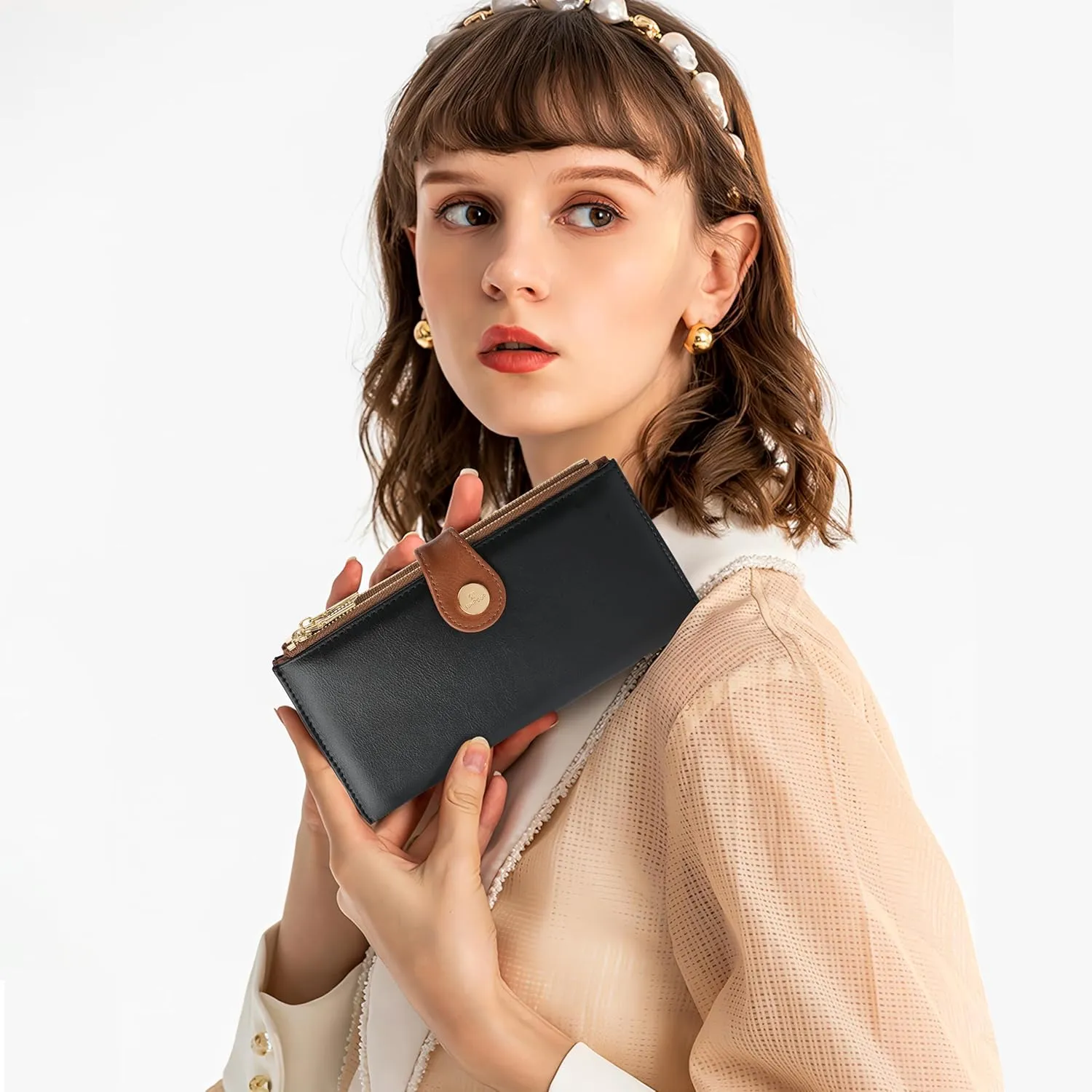 Womens Leather Wallet RFID Blocking Slim Bifold Credit Card Holder Travel Wallet with Double Zipper Pocket(Black＆Brown)