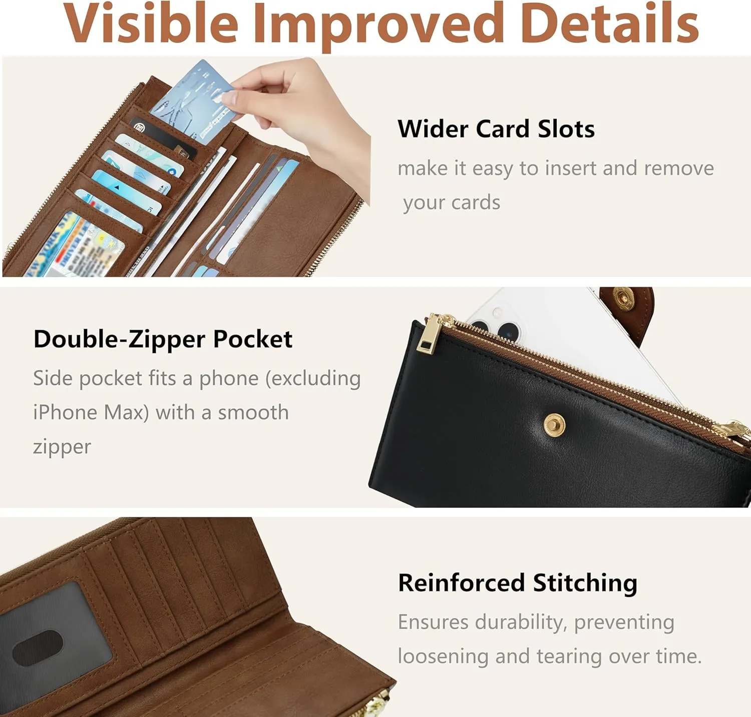 Womens Leather Wallet RFID Blocking Slim Bifold Credit Card Holder Travel Wallet with Double Zipper Pocket(Black＆Brown)