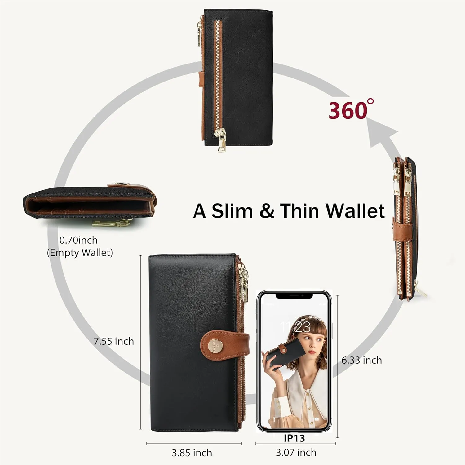 Womens Leather Wallet RFID Blocking Slim Bifold Credit Card Holder Travel Wallet with Double Zipper Pocket(Black＆Brown)