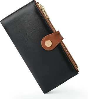 Womens Leather Wallet RFID Blocking Slim Bifold Credit Card Holder Travel Wallet with Double Zipper Pocket(Black＆Brown)