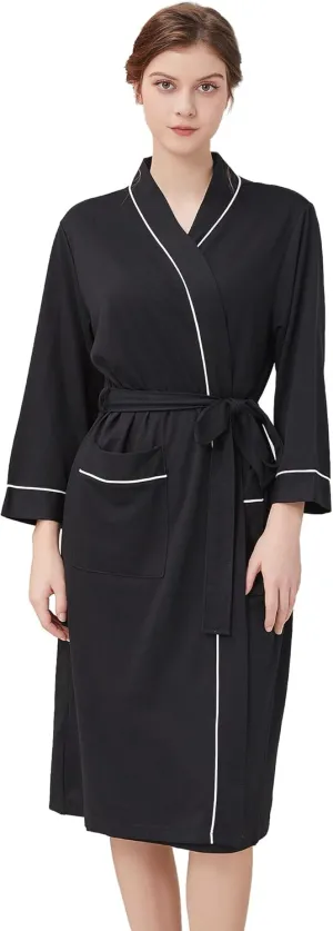 Womens Lightweight Robe, Knit Kimono Robe for Women Spa Cozy Sleepwear Knee Length Bathrobe with Pockets