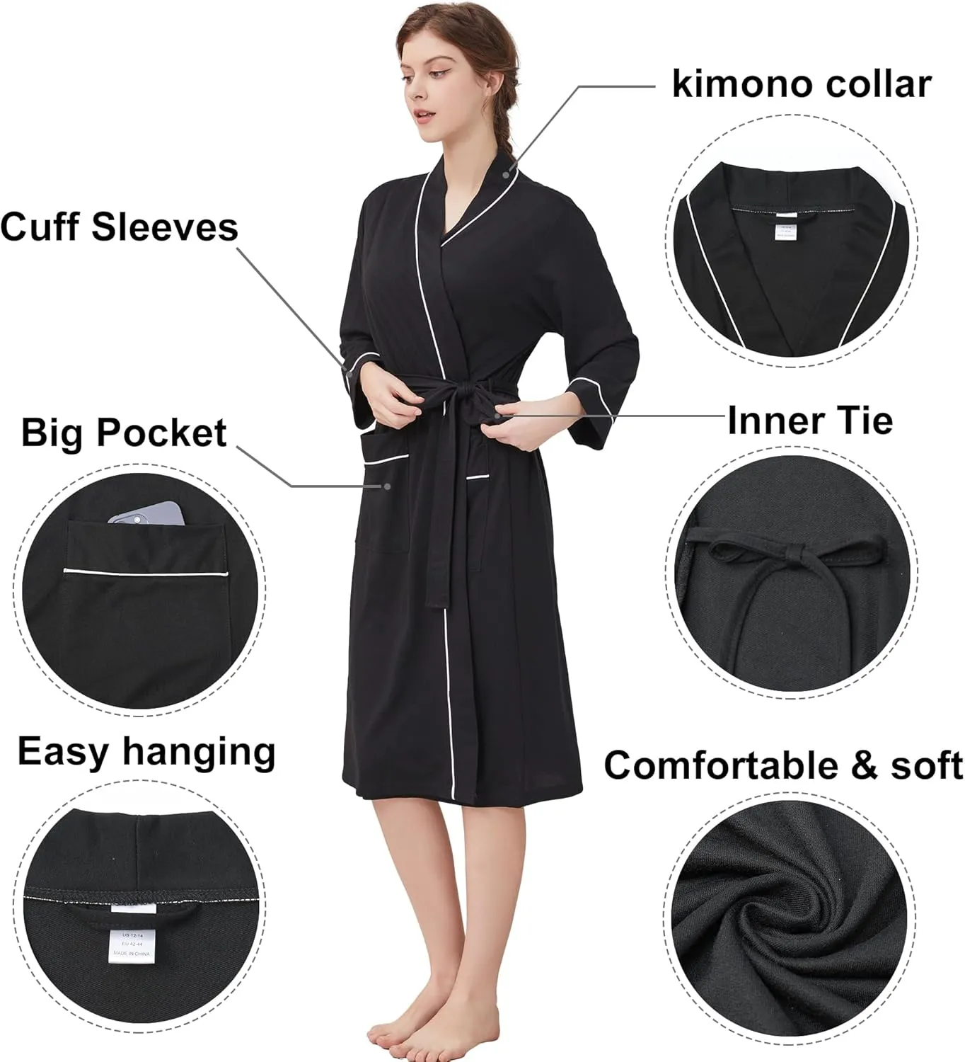 Womens Lightweight Robe, Knit Kimono Robe for Women Spa Cozy Sleepwear Knee Length Bathrobe with Pockets