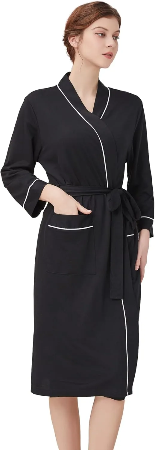 Womens Lightweight Robe, Knit Kimono Robe for Women Spa Cozy Sleepwear Knee Length Bathrobe with Pockets