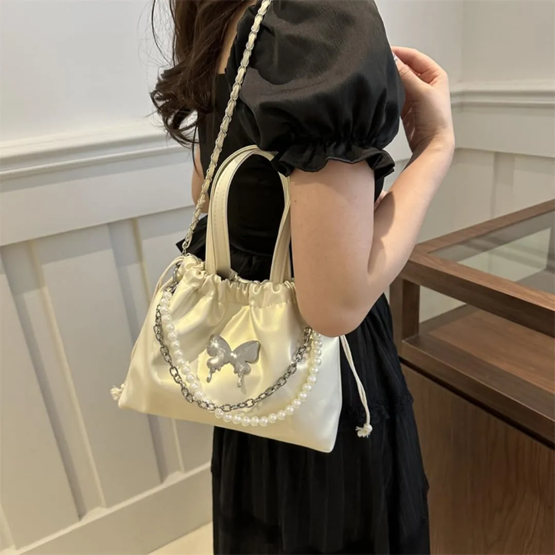Women's Mini Bucket Bag Y2k Butterfly Satin Shoulder Bag Drawstring Handbag with Pearl Chain Small Crossbody Bag