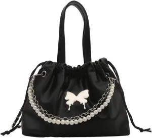 Women's Mini Bucket Bag Y2k Butterfly Satin Shoulder Bag Drawstring Handbag with Pearl Chain Small Crossbody Bag